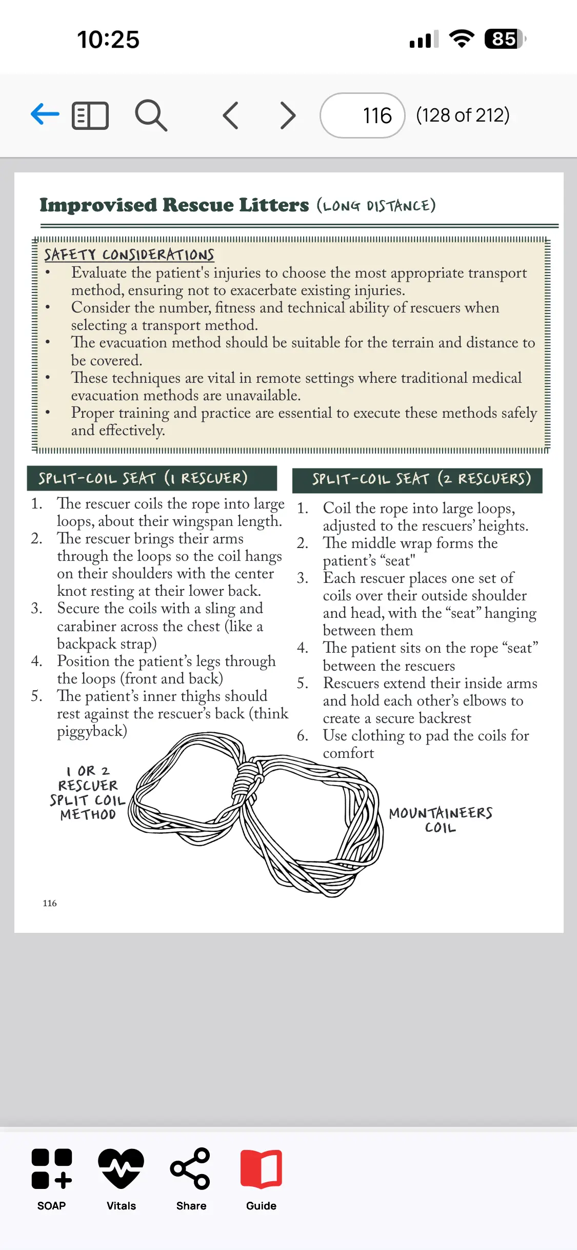 Screenshot of the Rescue Ally Wilderness Medicine/WFR app, showing the comprehensive wilderness medicine field guide, specifically a section containing detailed instructions on building improvised rescue litters