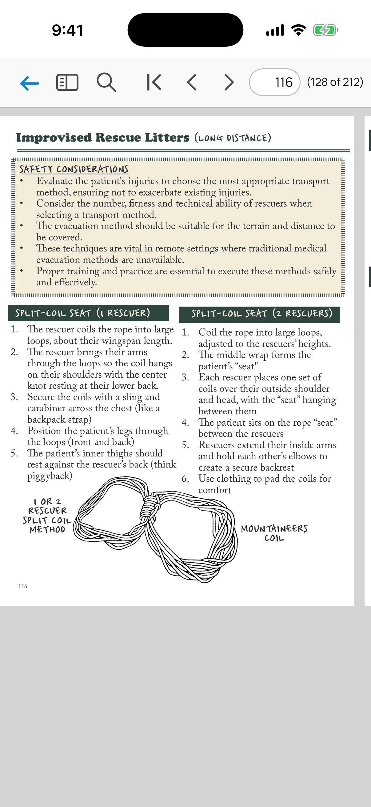 Screenshot of the Rescue Ally Wilderness Medicine/WFR app, showing the comprehensive wilderness medicine field guide, specifically a section containing detailed instructions on building improvised rescue litters