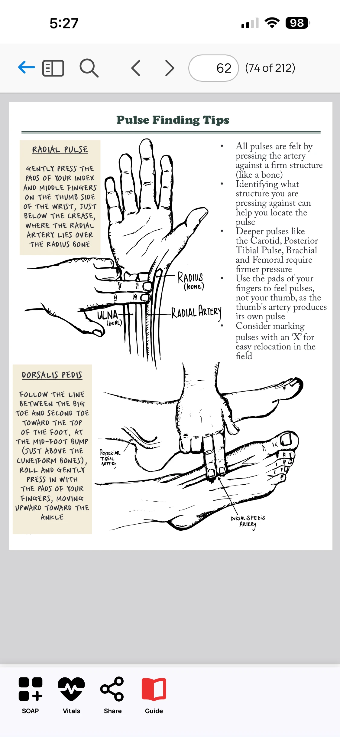 Screenshot of the Rescue Ally Wilderness Medicine/WFR app, showing the comprehensive wilderness medicine field guide, specifically a section containing instructions on how to find a patient's pulse
