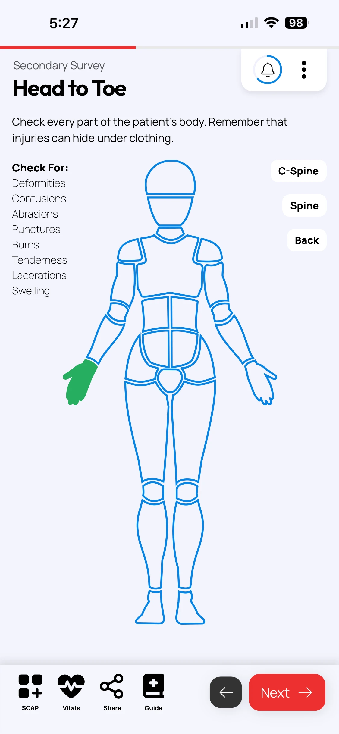 Screenshot of the Rescue Ally Wilderness Medicine/WFR app, showing a wire mannequin of the human body that allows users to select injured areas and record observations