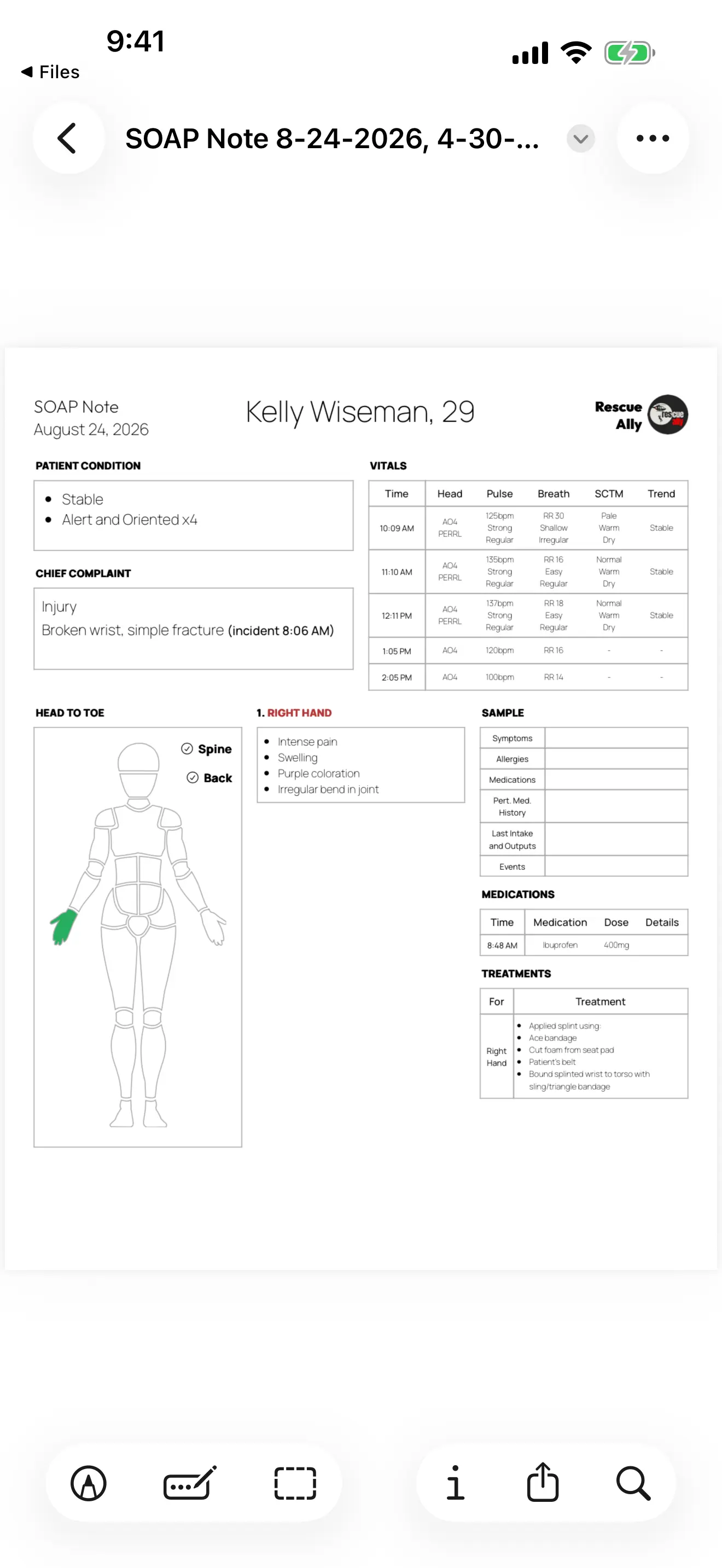Screenshot of the Rescue Ally Wilderness Medicine/WFR app, showing the PDF Export, which allows rescuers to collect all patient information into a single document for patient transfer