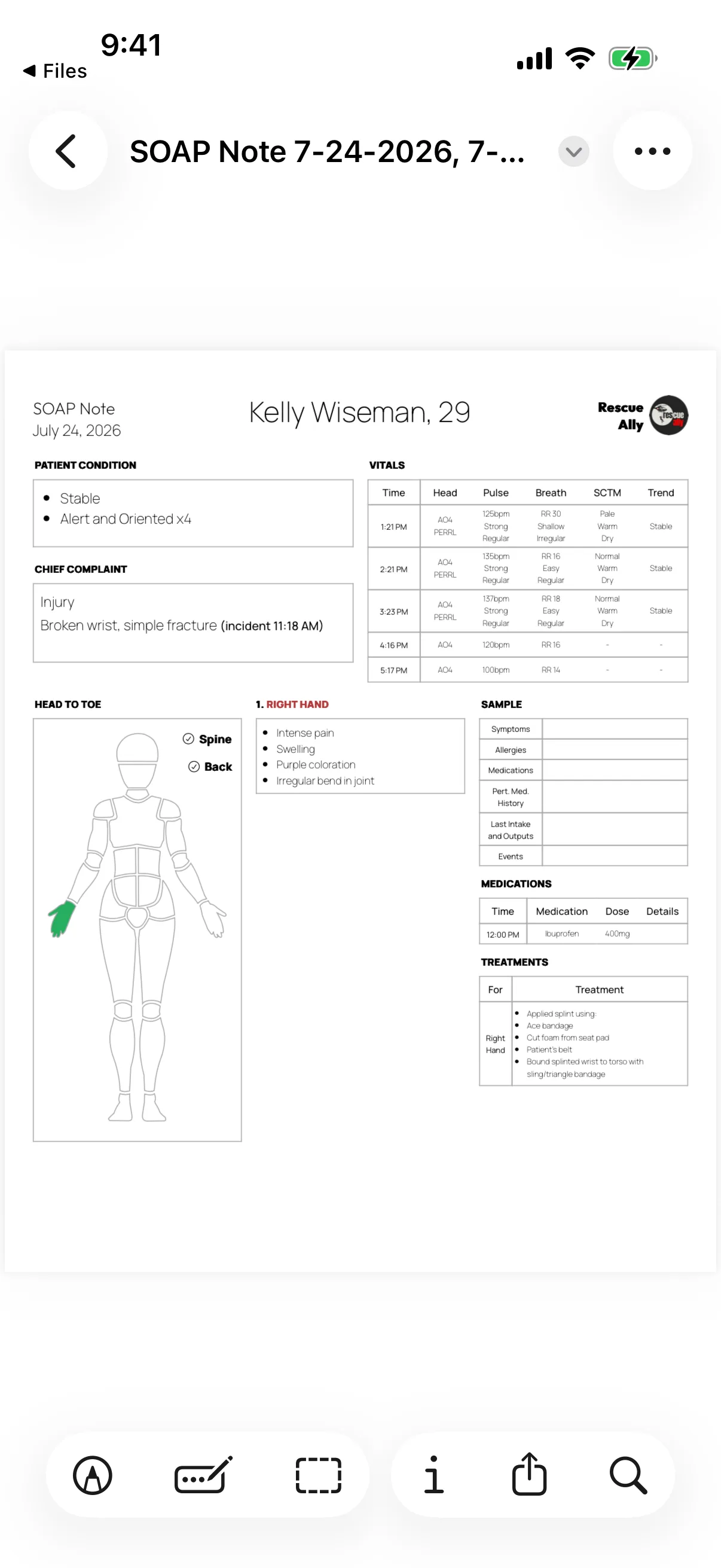 Screenshot of the Rescue Ally Wilderness Medicine/WFR app, showing the PDF Export, which allows rescuers to collect all patient information into a single document for patient transfer