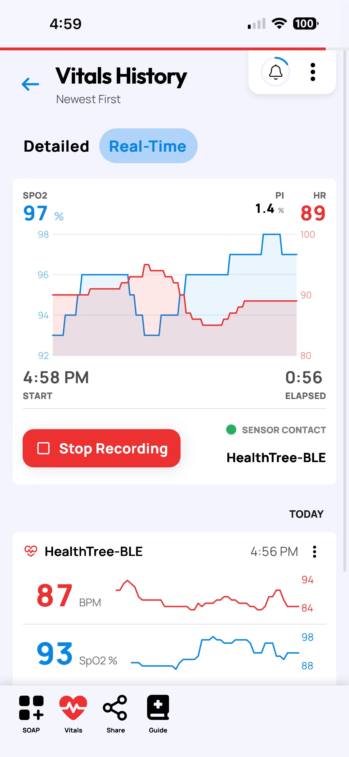 Screenshot of the Rescue Ally Wilderness Medicine/WFR app, showing the Real Time Vitals view, with recordings from a pulse oximeter