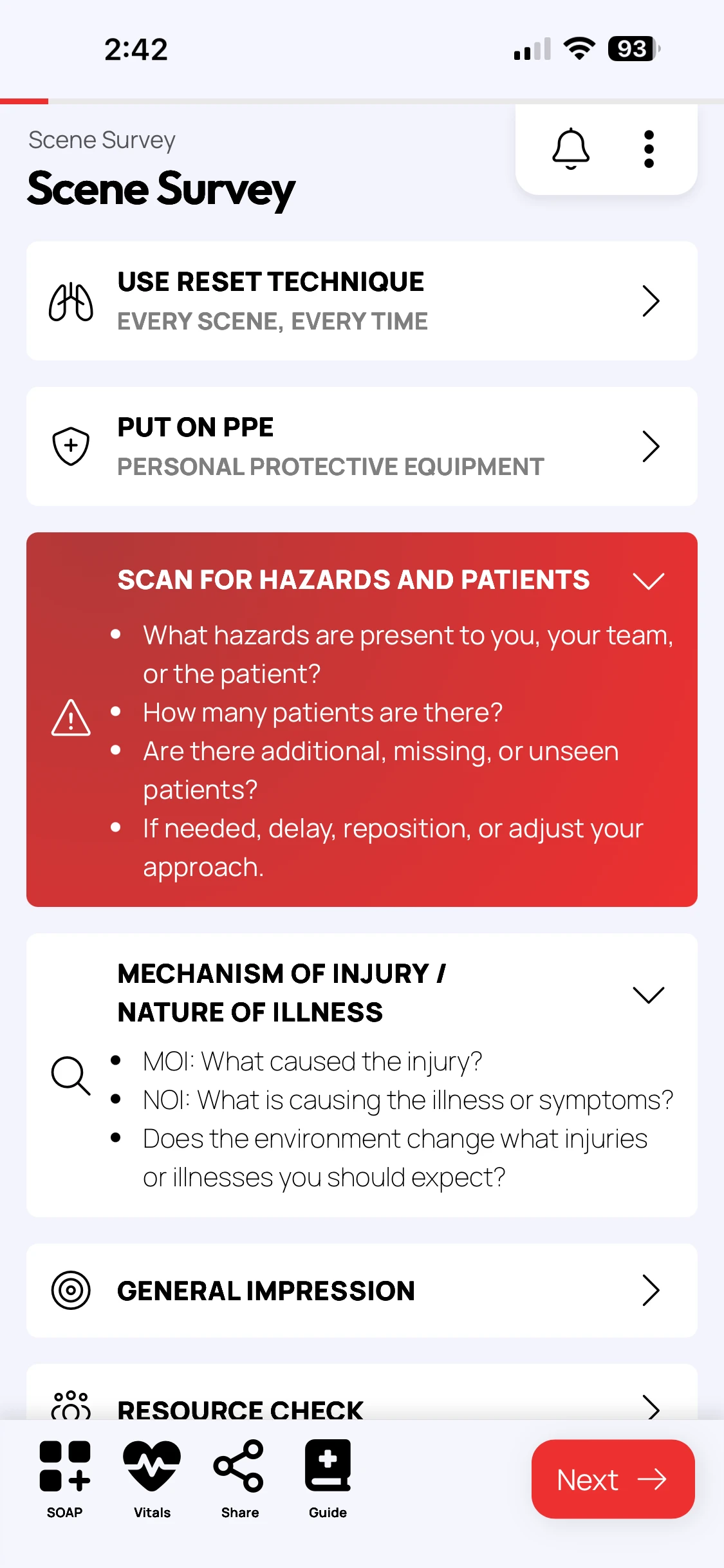 Screenshot of the Rescue Ally Wilderness Medicine/WFR app, showing the Scene Survey view, with a step-by-step flow through through the scene safety process