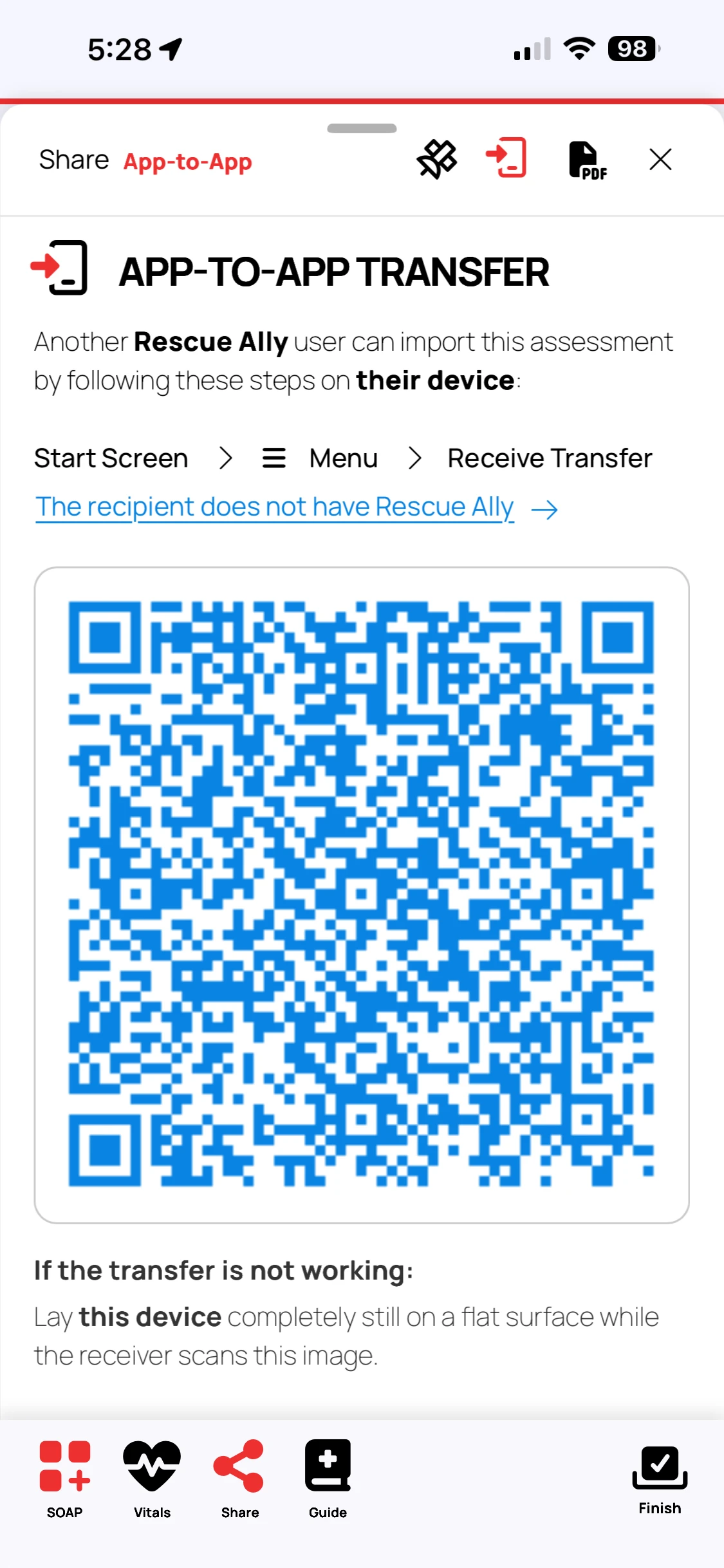 Screenshot of the Rescue Ally Wilderness Medicine/WFR app, showing the App to App Transfer screen, which allows rescuers to share data with other Rescue Ally users via animated QR codes