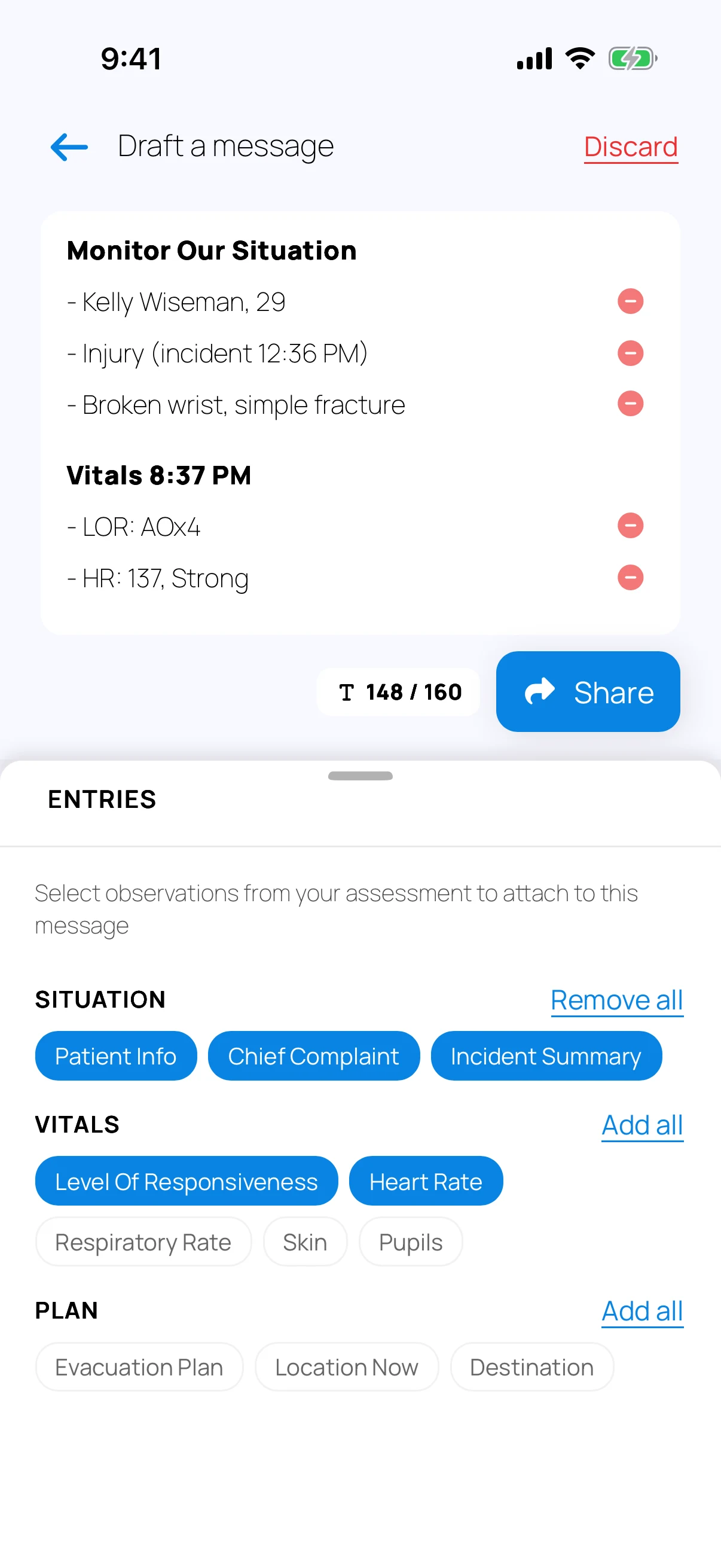 Screenshot of the Rescue Ally Wilderness Medicine/WFR app message composer, assembling a structured report from the SOAP note into a text message ready to send by SMS or commercial satellite communicator
