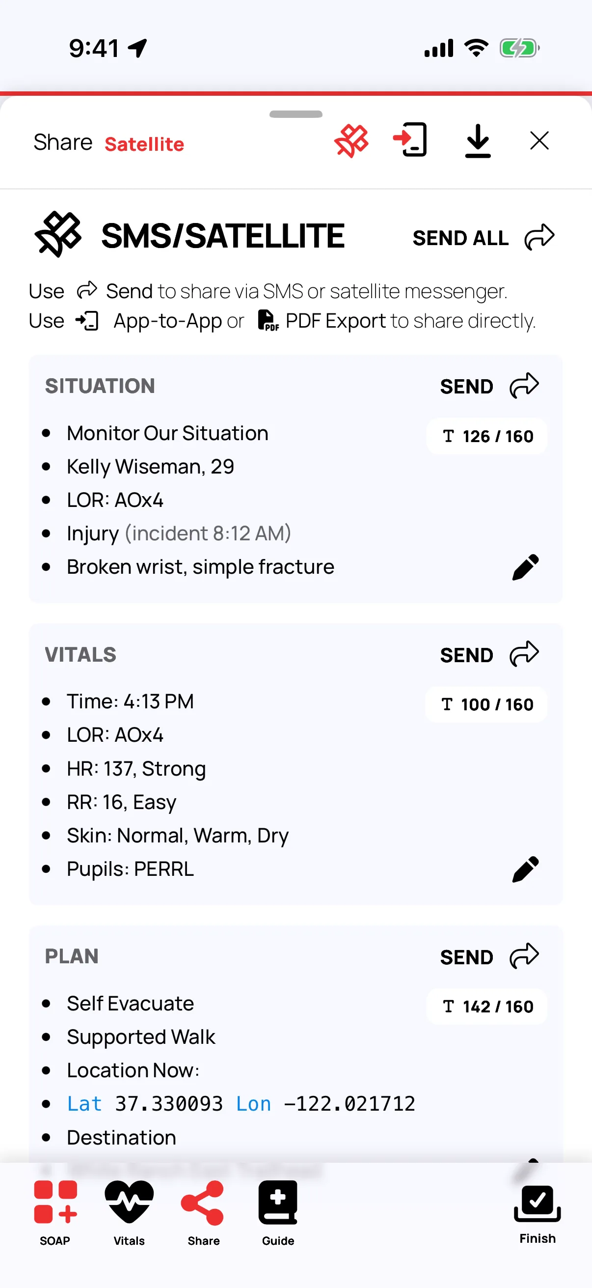 Screenshot of the Rescue Ally Wilderness Medicine/WFR app, showing the ATMIST view, which automatically prepares critical info into text messages that can be sent via commercial satellite communicators