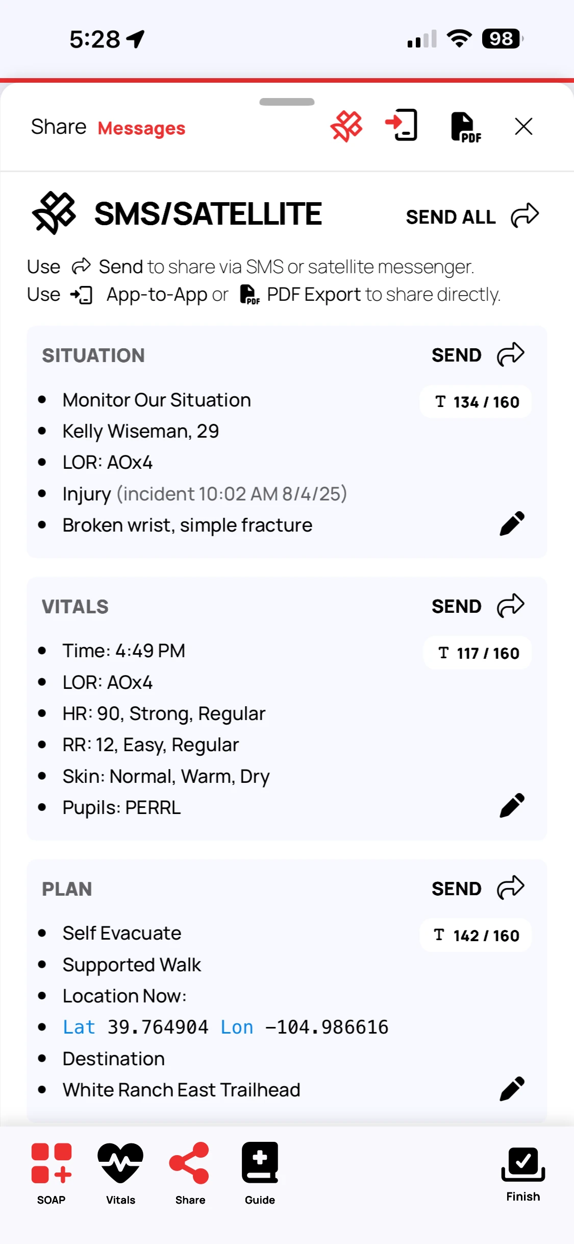 Screenshot of the Rescue Ally Wilderness Medicine/WFR app, showing the ATMIST view, which automatically prepares critical info into text messages that can be sent via commercial satellite communicators