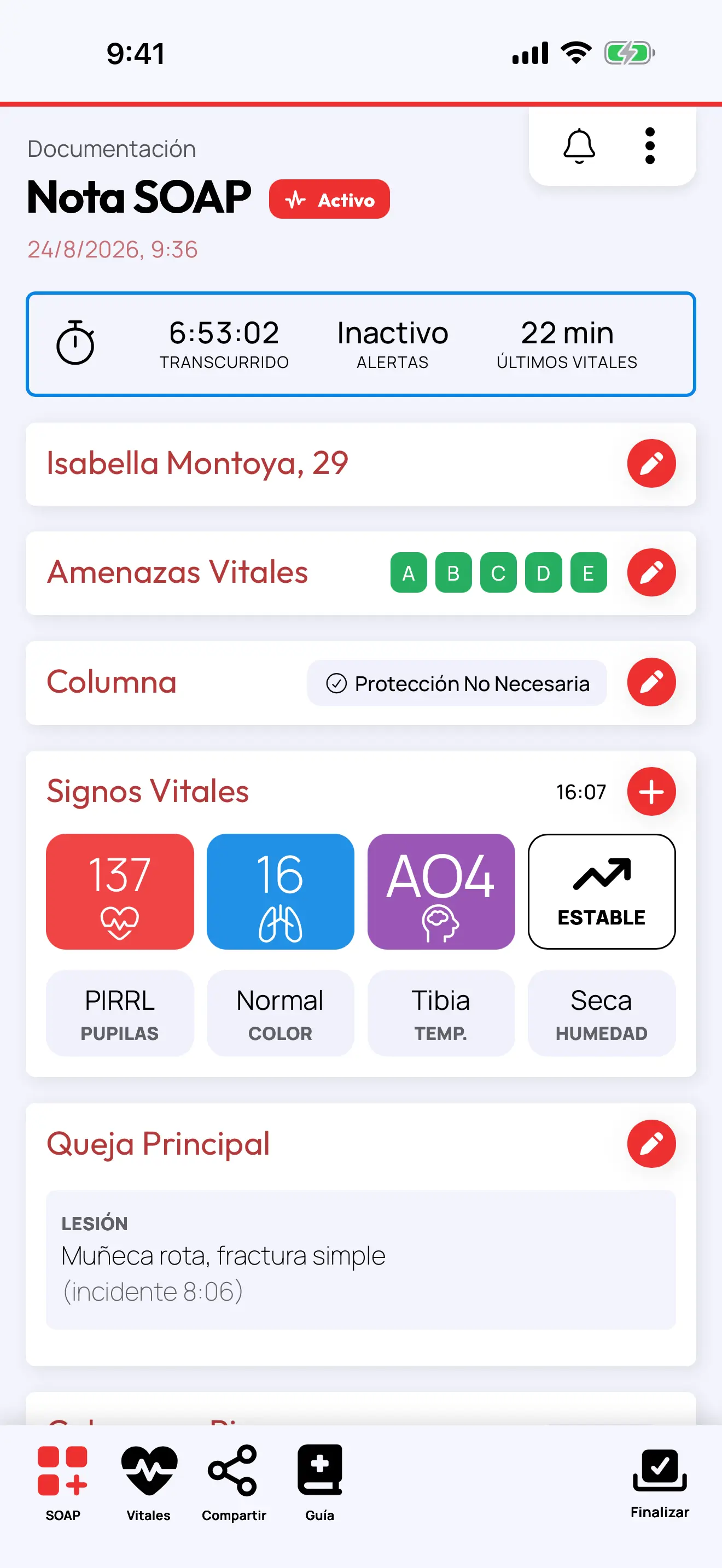 Screenshot of the Rescue Ally Wilderness Medicine/WFR app, showing the app features Spanish translations