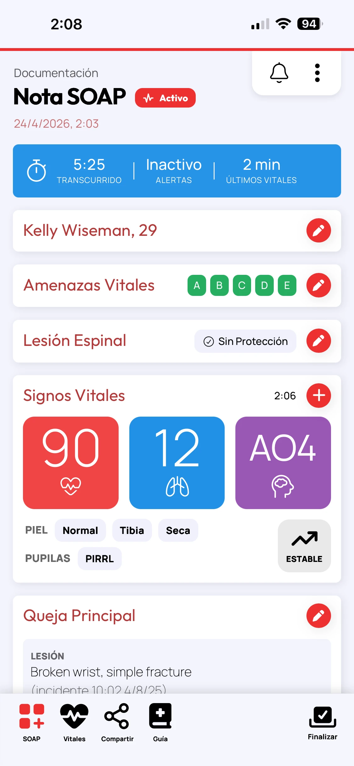 Screenshot of the Rescue Ally Wilderness Medicine/WFR app, showing the app features Spanish translations