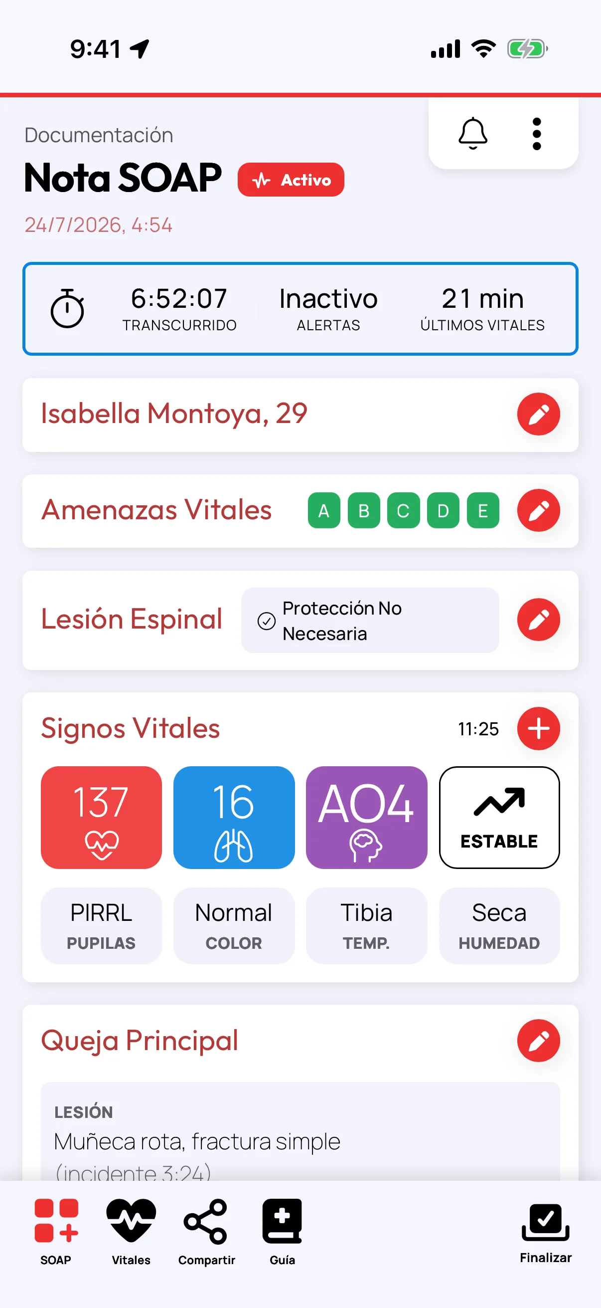 Screenshot of the Rescue Ally Wilderness Medicine/WFR app, showing the app features Spanish translations