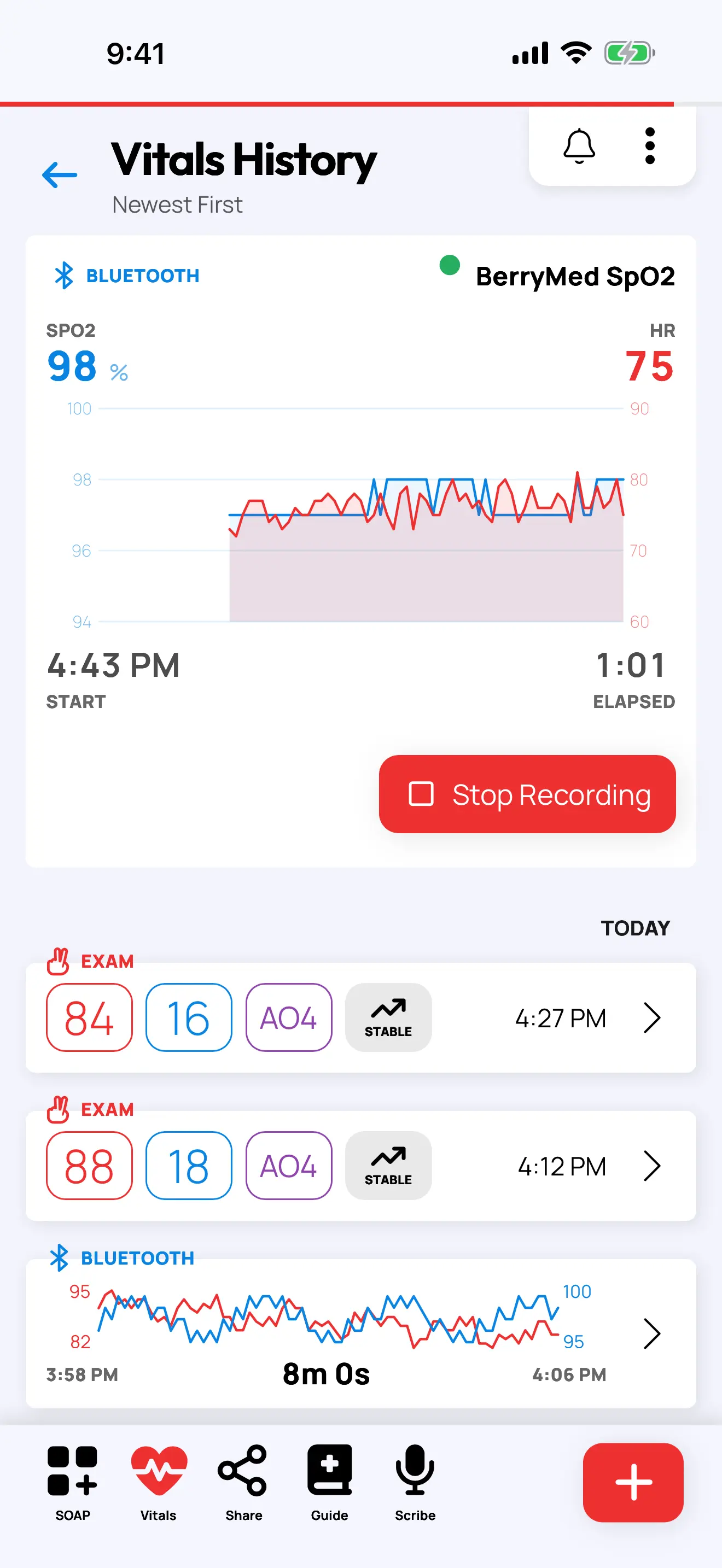Screenshot of the Rescue Ally Wilderness Medicine/WFR app, showing the Real Time Vitals view, with recordings from a pulse oximeter