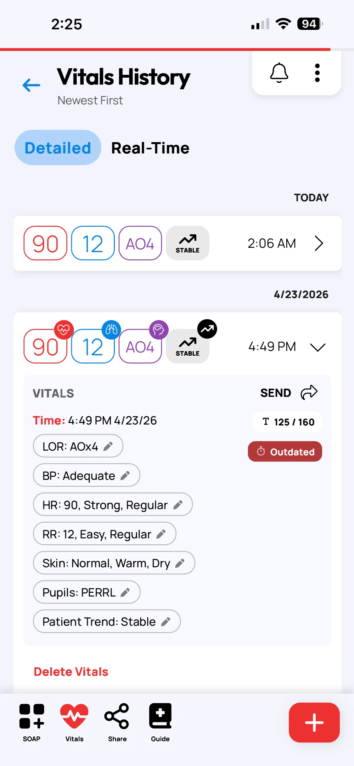 Screenshot of the Rescue Ally Wilderness Medicine/WFR app, showing the Vitals History view, which allows rescuers to track trends in vitals over time