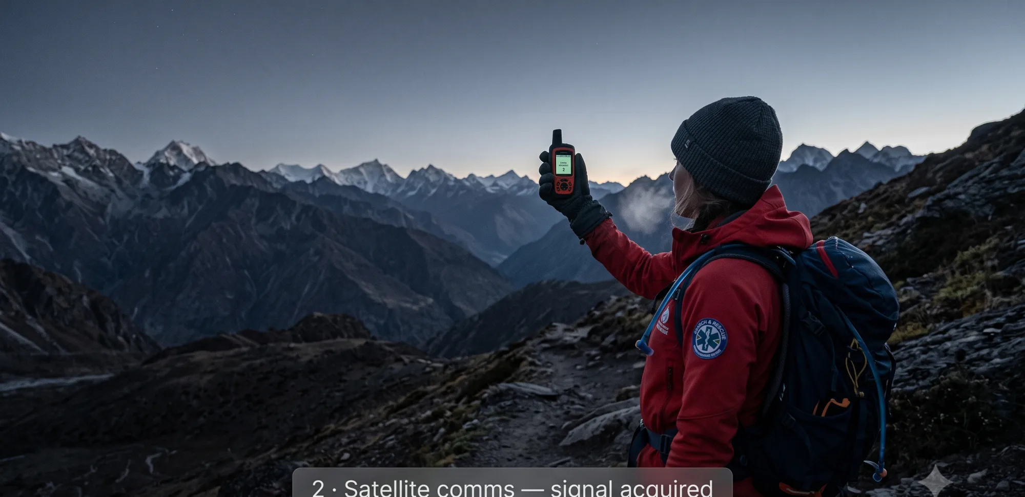 Rescuer raising a satellite communicator at dawn