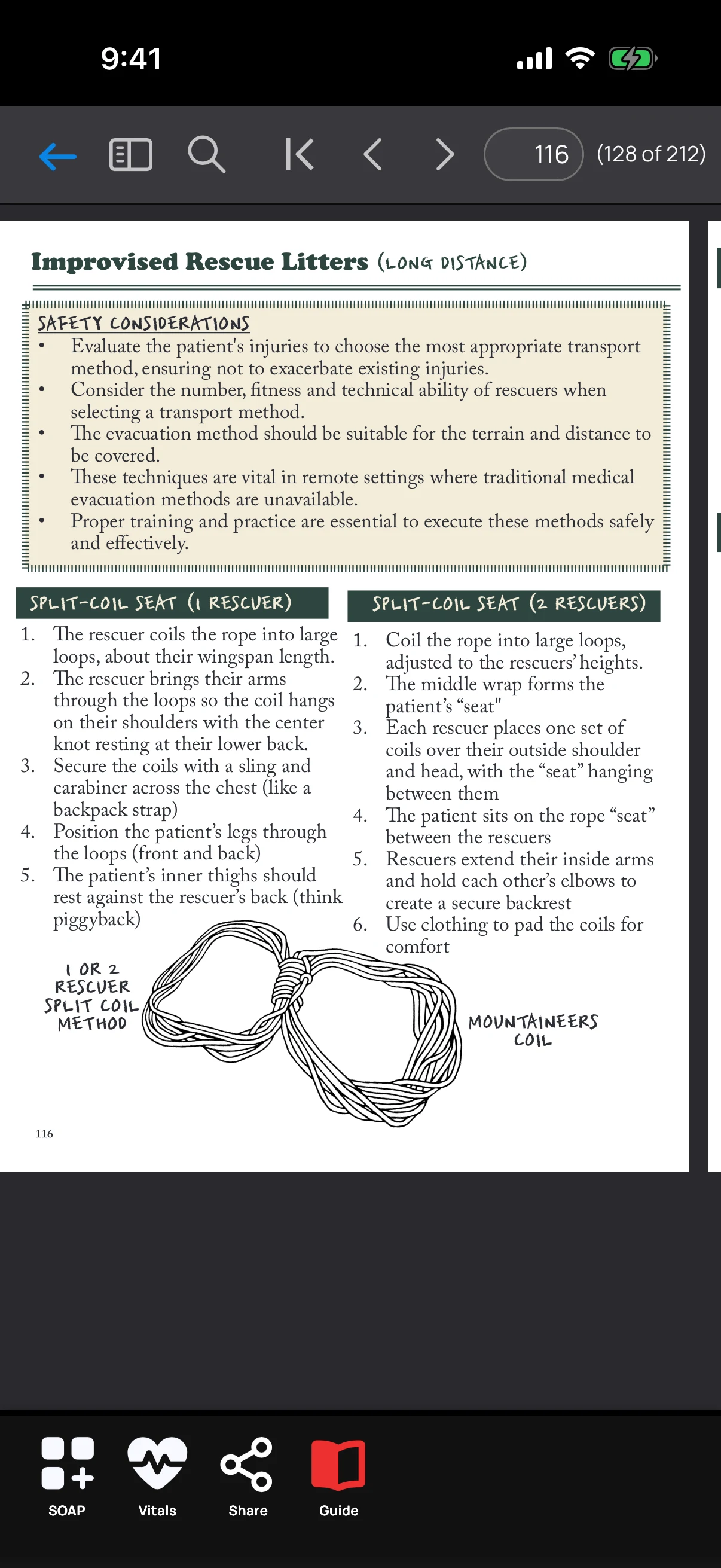 Field guide open to Improvised Rescue Litters — split-coil seat, page 116