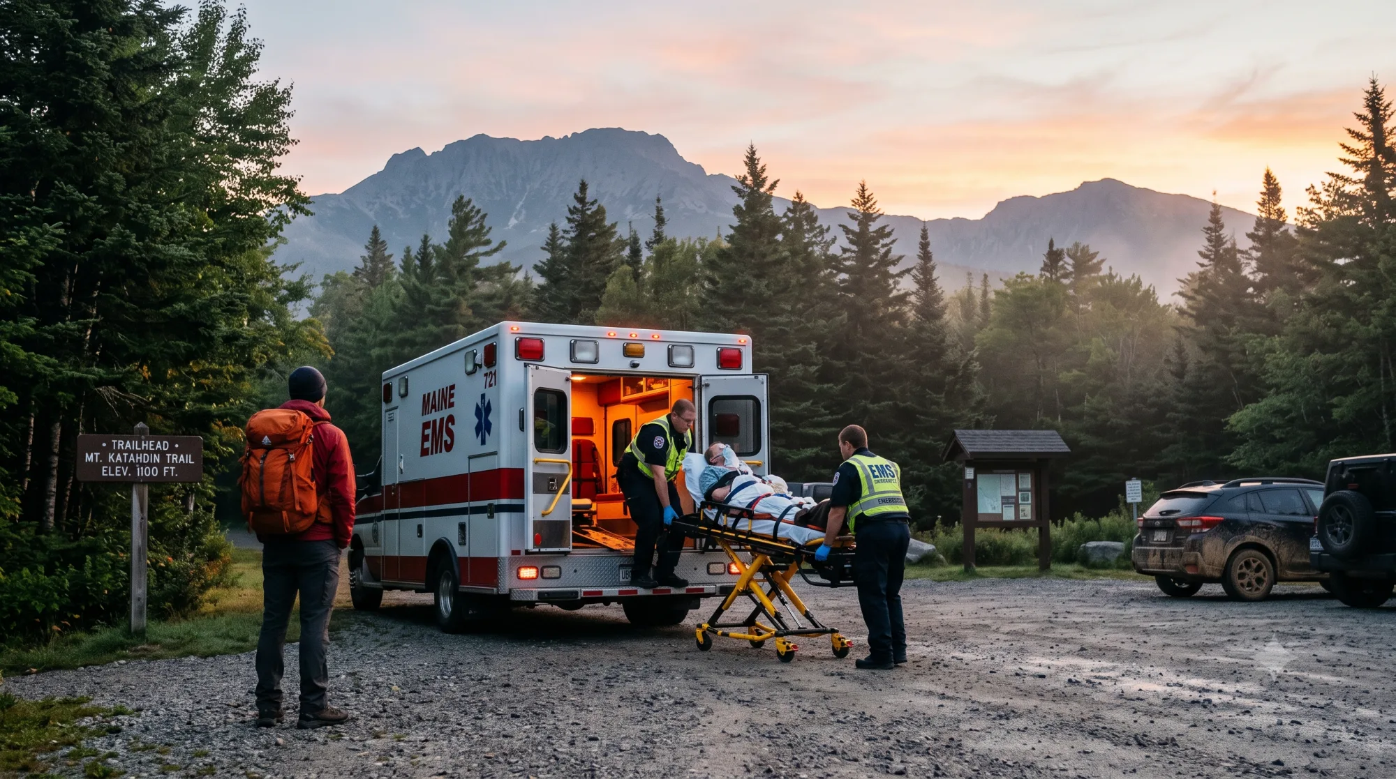 EMTs loading the patient into an ambulance at the trailhead