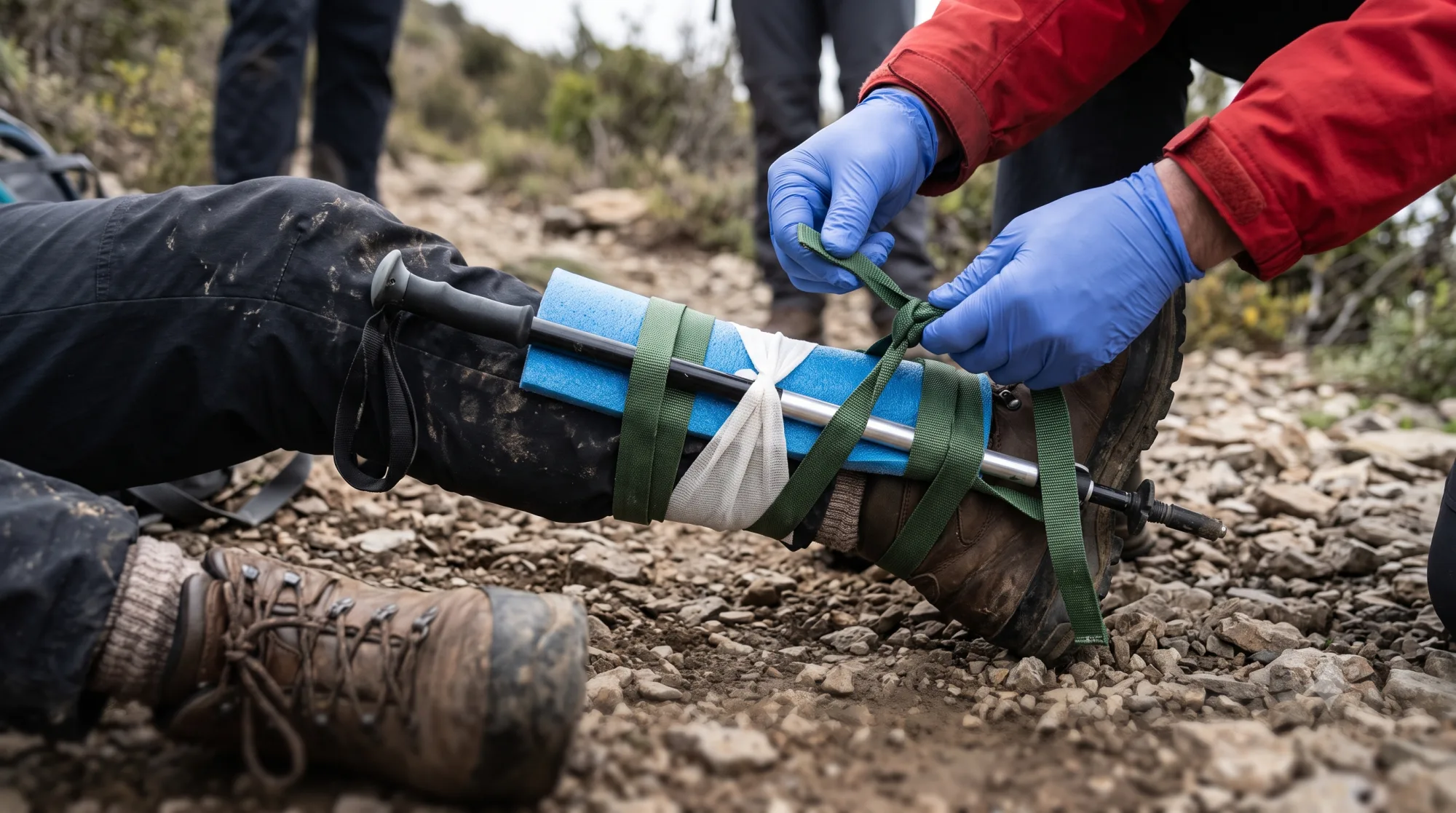 Gloved hands securing an improvised leg splint