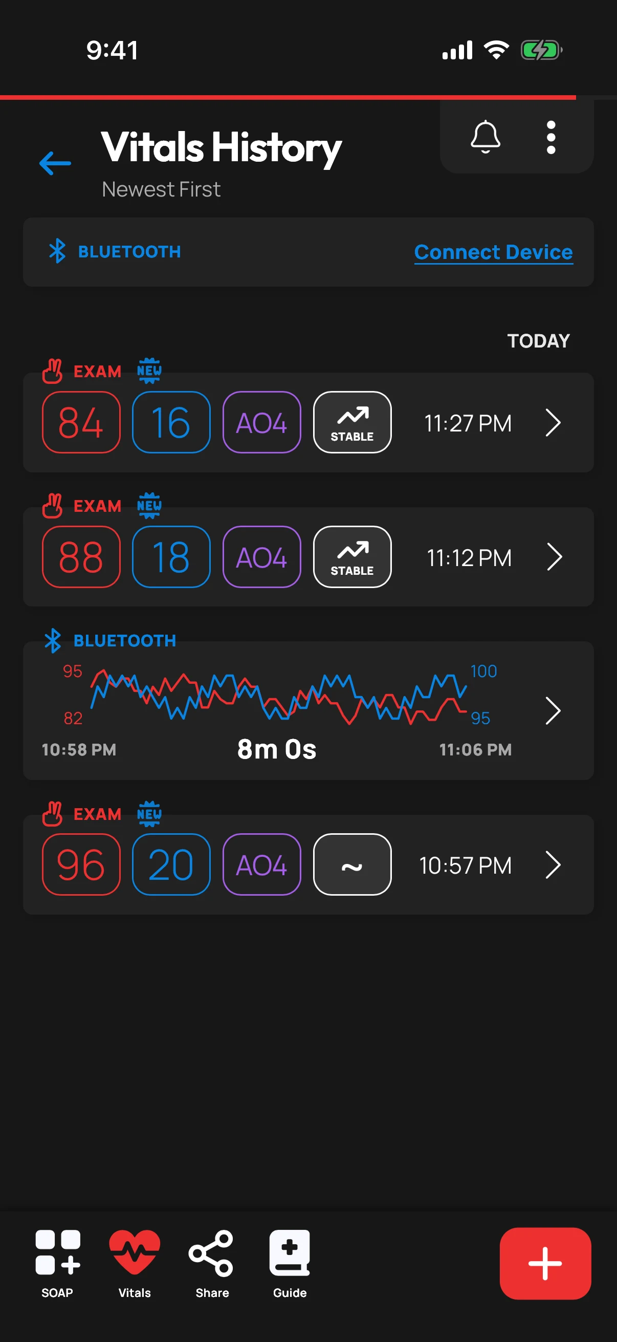 Vitals history — exam sets and the Bluetooth pulse-ox recording chart