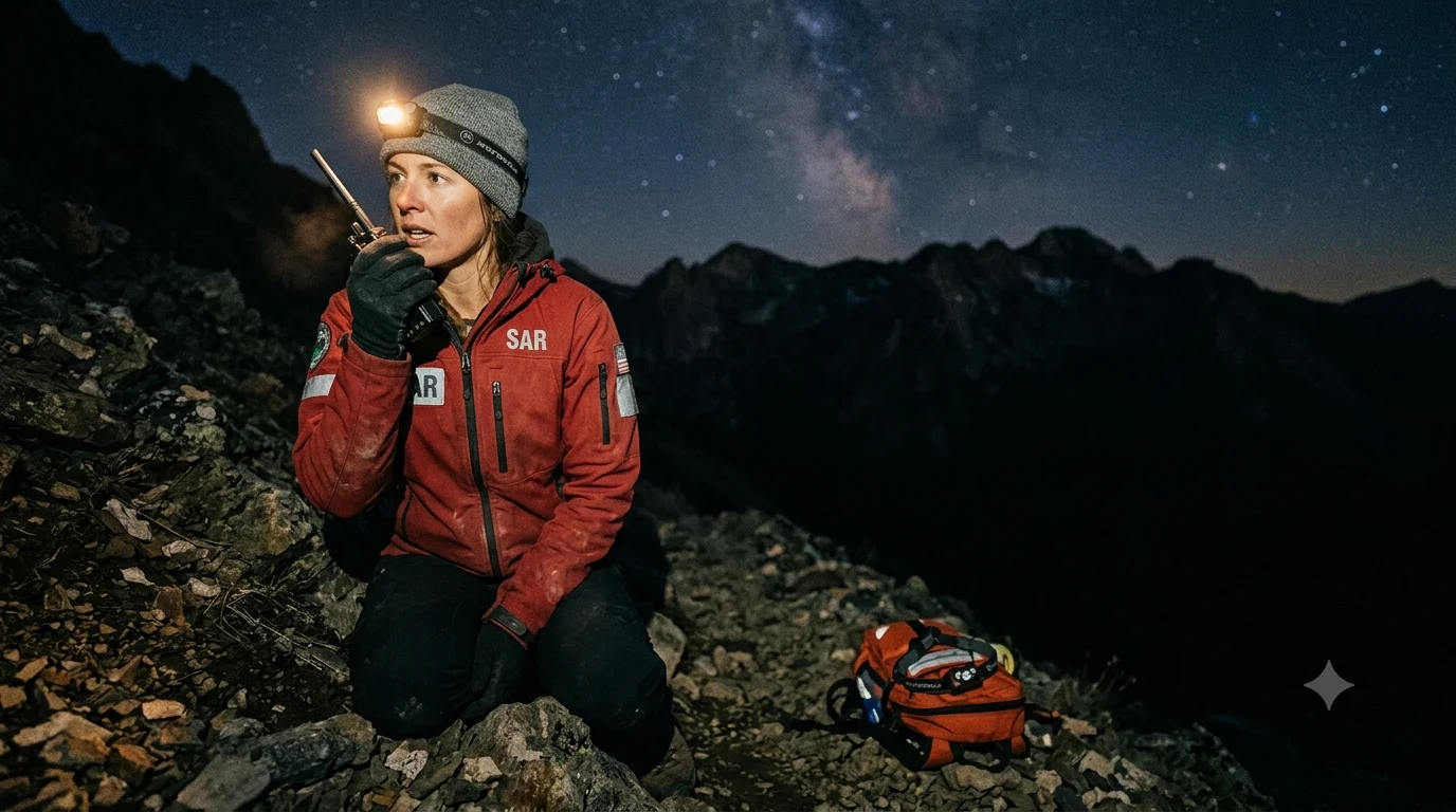 A search-and-rescue volunteer on the radio at night under a clear sky