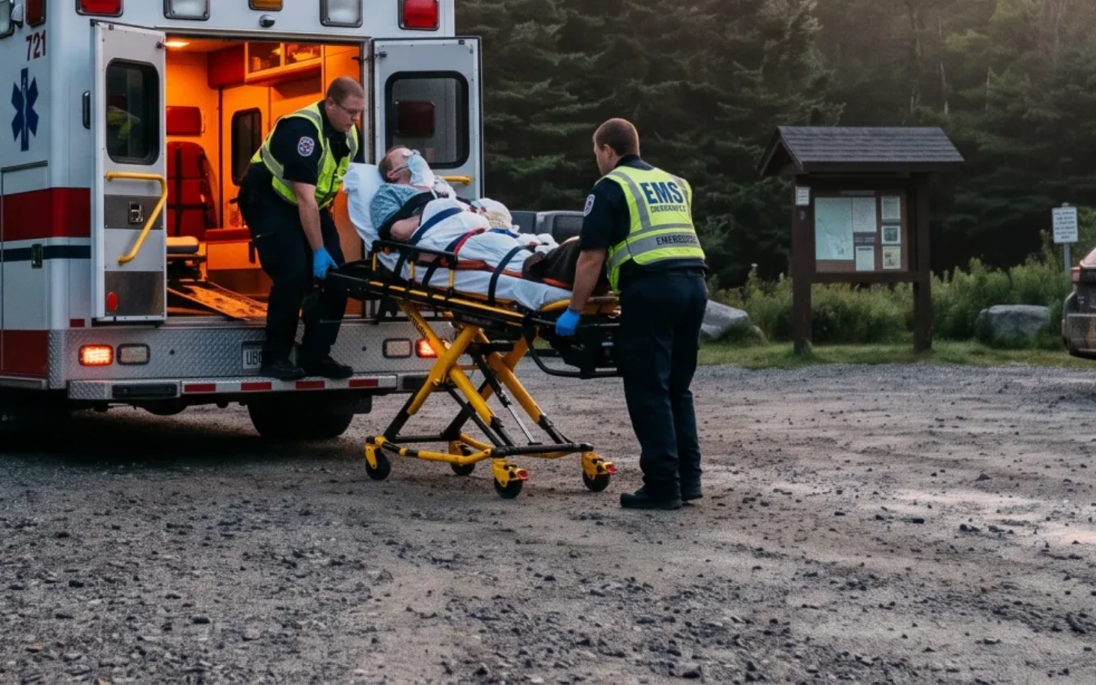 An ambulance crew taking the patient at the trailhead in the dark