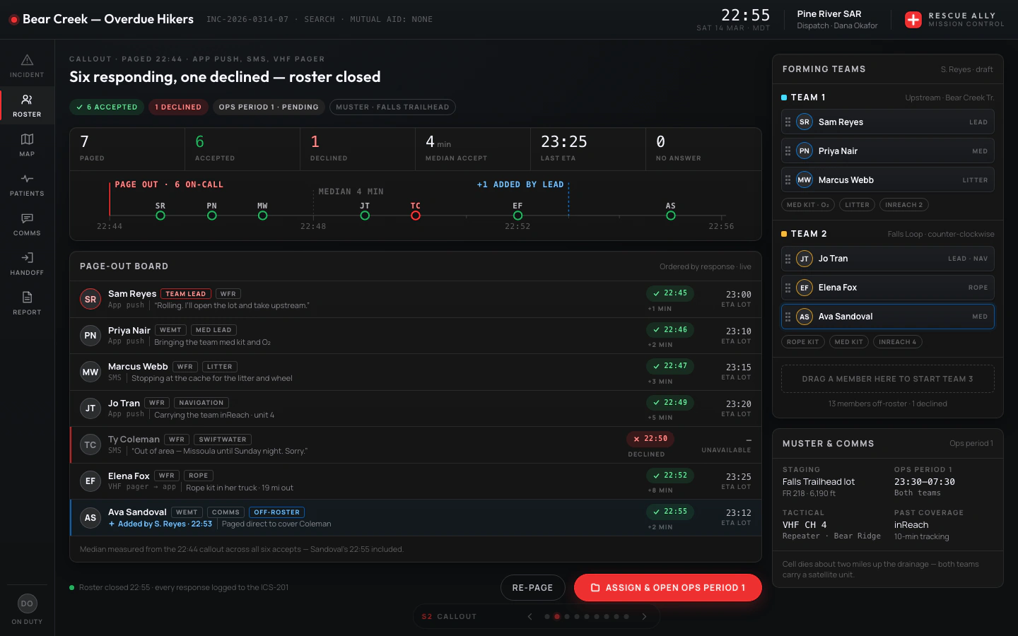 Mission Control — callout and page-out, 22:55