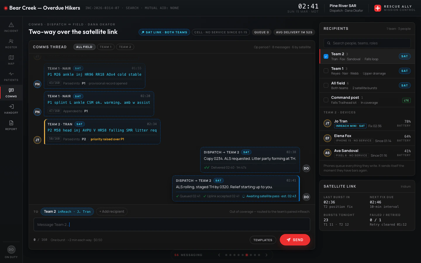 Mission Control — two-way satellite messaging