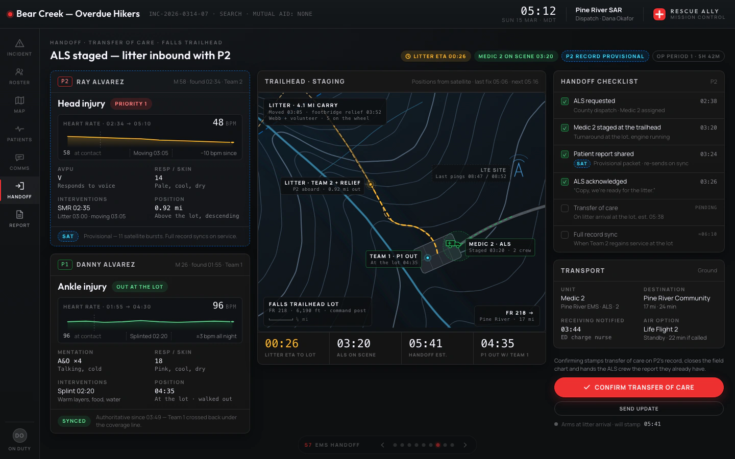 Mission Control — EMS handoff staging, 05:12