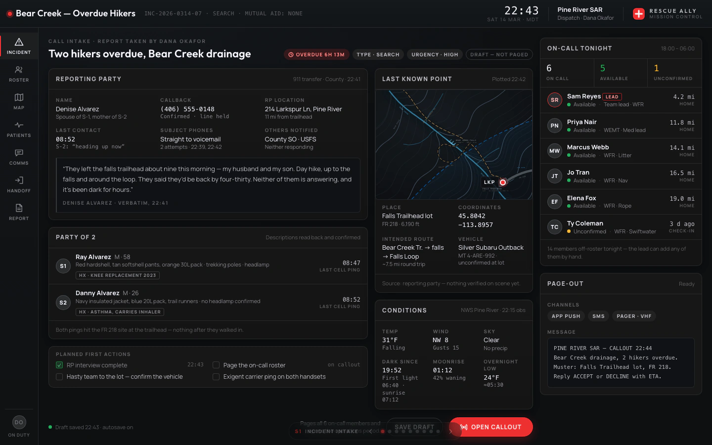 The Mission Control concept dashboard: incident intake for two overdue hikers — reporting party details, subject descriptions, last known point, conditions, the on-call roster, and a callout ready to page out.